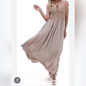 Lil Better Elegant Beige Crochet Maxi Dress